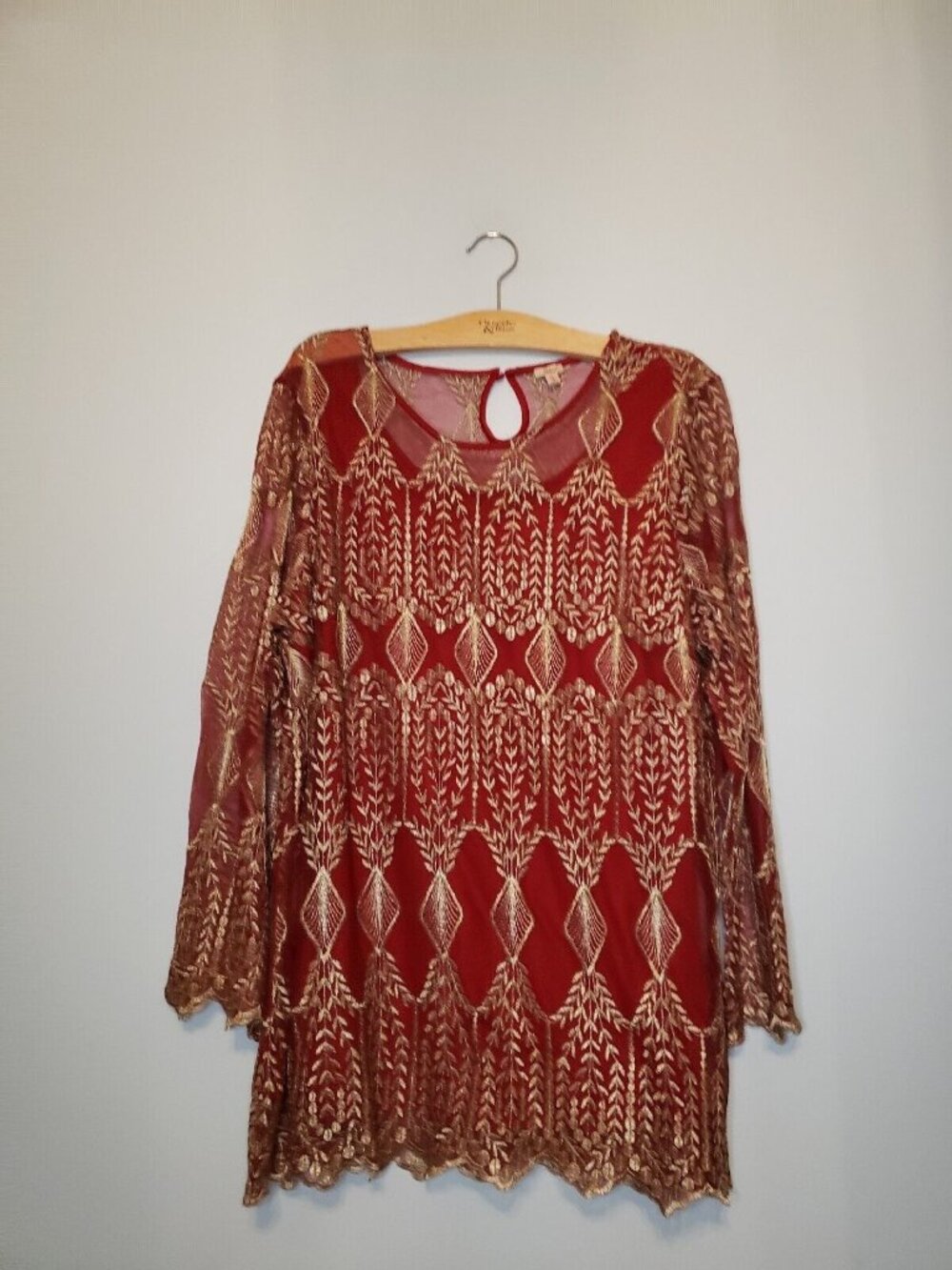 Reba Women XL Tunic Top Long Sleeve Red Gold Embroidered Semi Sheer Accent Shiny